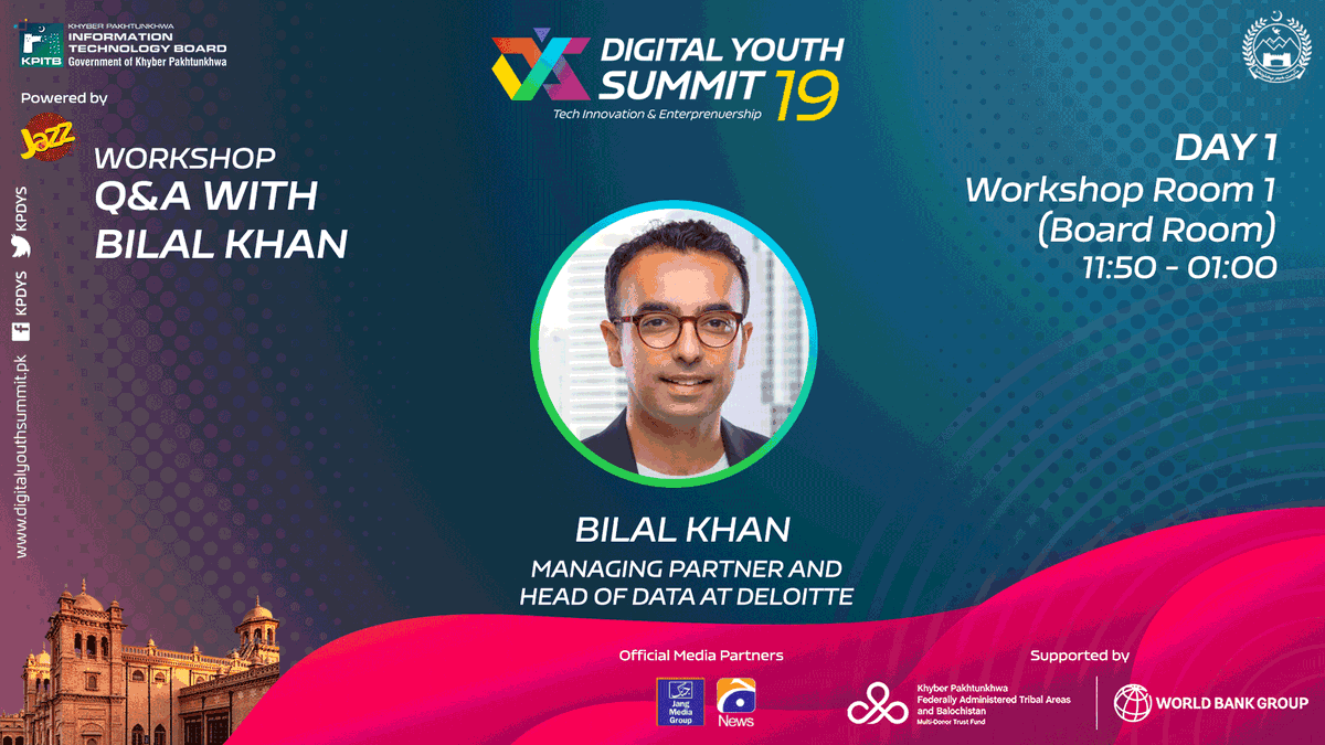 KPDYS's tweet photo. Bilal Khan, Managing Partner & Head of Data at @Deloitte will be giving a talk on AI, Big Data and Economic Growth and conducting a Workshop/Q&A Session! Join us at DYS19 and be a part of his talk!
#DYS19 #KPDYS #SpeakerTalks https://t.co/B4FumEifMa