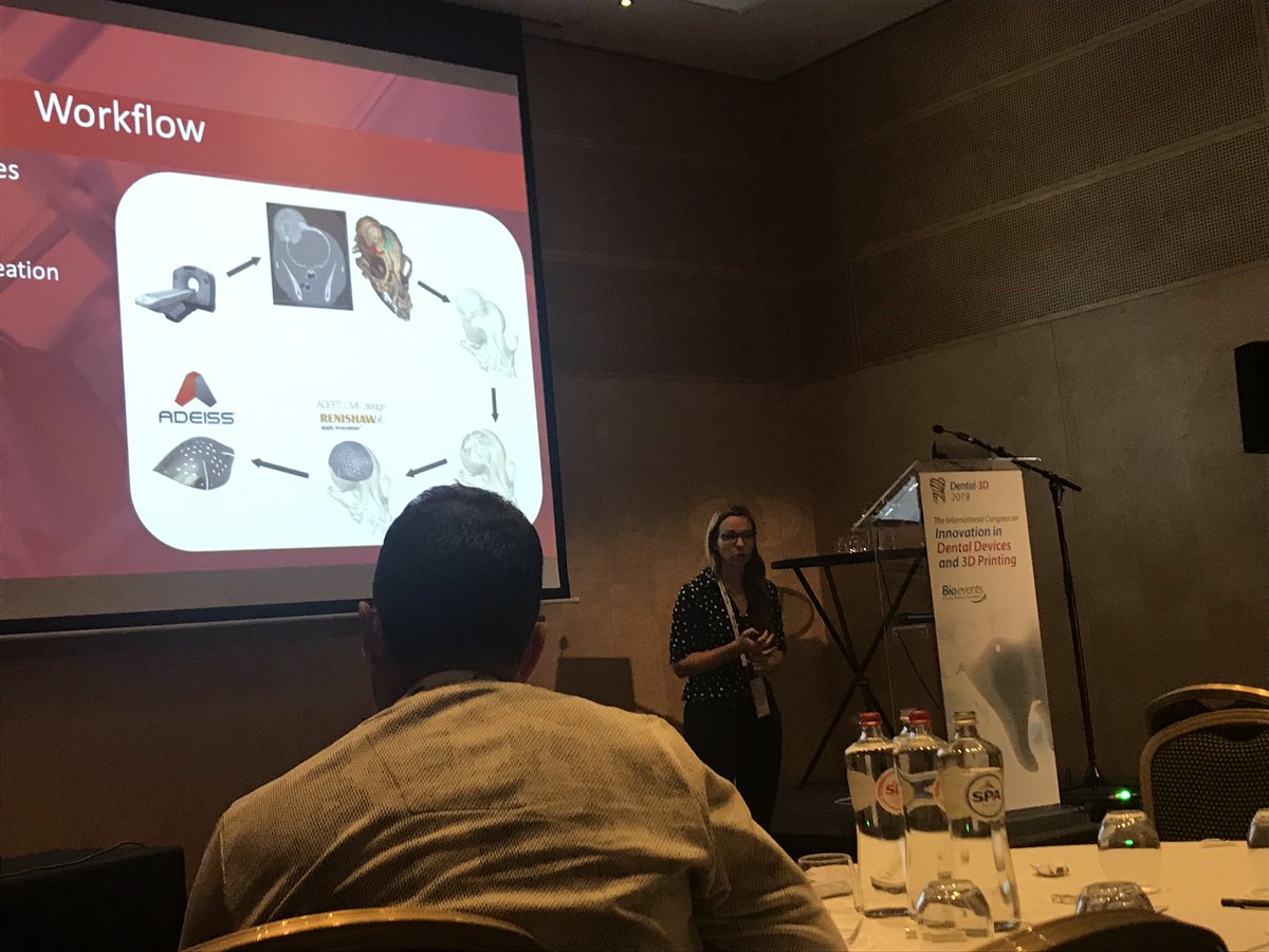 Dr. @DrMichelleOblak highlighting her collaboration with @ADEISS_Centre in the workflow development for design and fabrication of a custom metal 3D printed skull plate for Patches. #Dental3D3019 #metal3dprinting