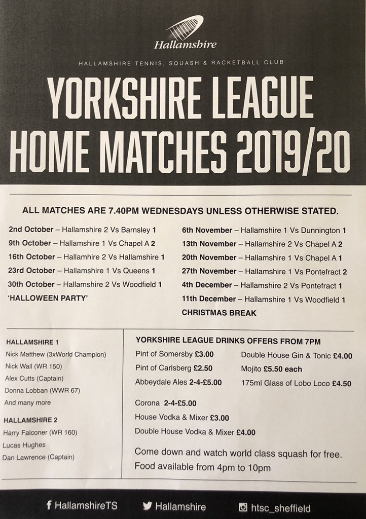 Yorkshire League Squash is back next week with Hallamshire 2 vs Barnsley 1. The team is <a href="/harry_falconer/">Harry Falconer</a> ,Lucas Huges, Nat Fairhurst, Ed Walker &amp; Dylan Martens. Drinks offers on from 7pm, <a href="/nickmatthew/">Nick Matthew OBE</a> <a href="/SHU_Squash/">Hallam Squash</a> <a href="/apexSquashRball/">Apex Programme</a> <a href="/YorkshireSquash/">Yorkshire Squash</a> <a href="/englandsr/">England Squash</a> ⚫️🍹⚫️🍺⚫️