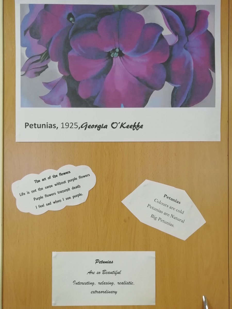 IRFMDC's tweet photo. Escolamdcprat#plasticArtEso first graders have written in teams, Haiku poems inspired by Georgia O'Keeffe art works. https://t.co/YOsKO19w4m
