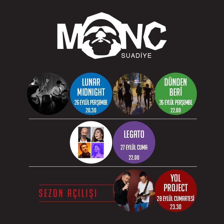 Monc Live sahnesinde bu hafta #monclive #lunarmidnight #dündenberi #legato @yolproject Bilgi & Rezervasyon: (0216) 4103937