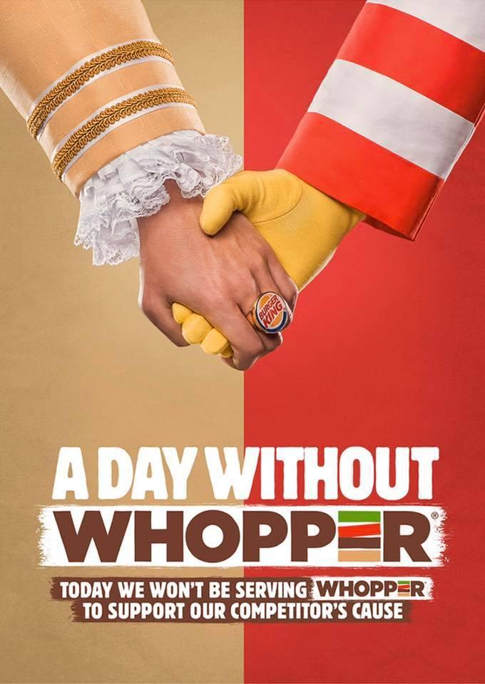 Marketing done right! 'Day Without Whopper' 

BurgerKing stopt voor 1 dag met de verkoop van hun #1 burger, om daarmee aandacht te creëren voor #ChildrenwithCancer actie van McDonalds.  

Inkomsten van de #1 van McD, de BigMac, gaan namelijk naar het goede doel.