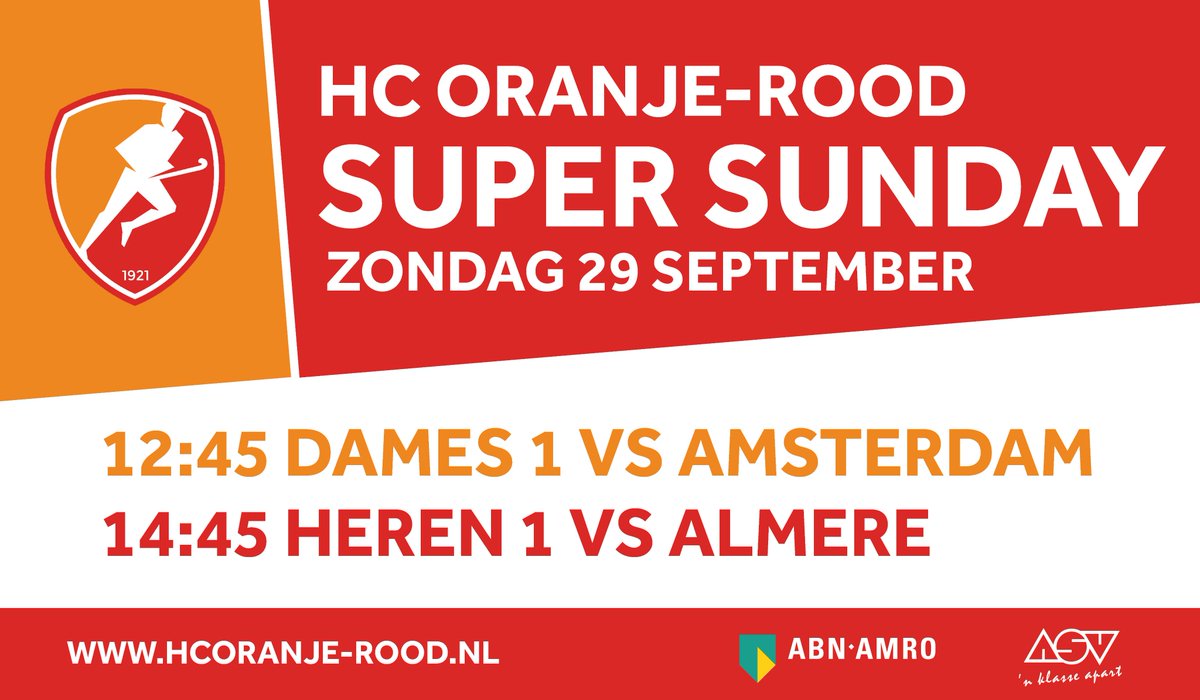 Aanstaande zondag is de eerste Super Sunday bij HC Oranje-Rood. Die beginnen we met twee topwedstrijden op het hoogste niveau van de nationale hockeycompetitie. Spanning en sensatie gegarandeerd! Aansluitend feest met optredens van Henk Dissel en Kav Verhouzer. Toegang is gratis.