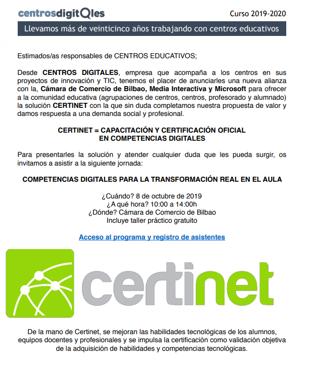 CentrosDigitale's tweet image. Responsables #CentrosEducativos. ¿Queréis mejorar las habilidades tecnológicas alumnado y equipos docentes ?  #Certinet #PlanesDigitales integración #CompetenciasDigitales #aula @CertificaTICnet @Med_Interactiva
 8 de octubre @Camarabilbao bit.ly/2lpJdvb #EnseñaDiferente