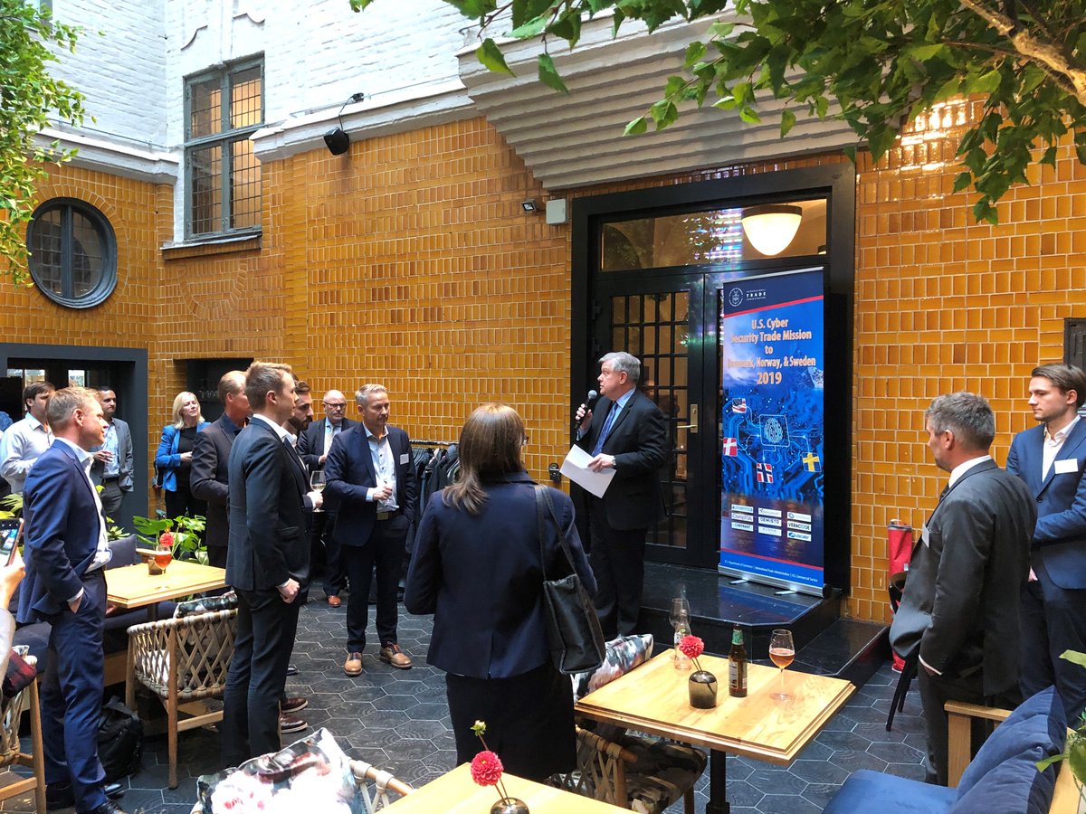 Export2Europe's tweet photo. Next stop of the #Cybersecurity Trade Mission to the Nordics is Oslo and here @usembassyoslo Deputy Chief of Mission Richard Riley is welcoming American companies participating in the program #export2europe https://t.co/nIjd1fuUpw