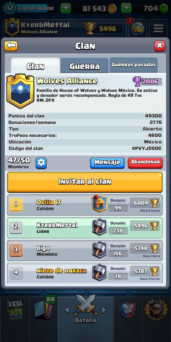 🏅 House of Wolves
🎉 Trofeos del Clan: 5842
🏆 Copas mínimas: +5300
🎯 Guerras ganadas: +75
🔗 Link del clan: bit.ly/HouseWMX

🏅 Wolves Alliance 
🎉 Trofeos del Clan: 2006
🏆 Copas mínimas: +4600
🎯 Guerras ganadas: +35
🔗 Link del clan: bit.ly/WolvesAMX