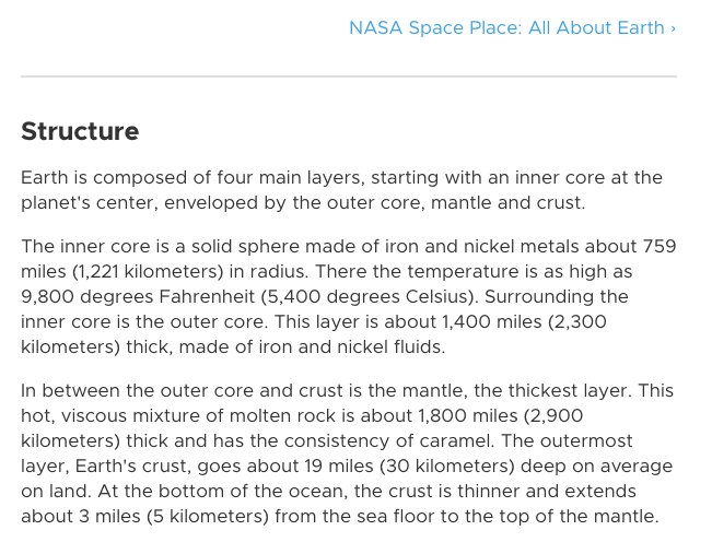 When we are kids we are shown this silly cutaways of the Earth where it's all completely solid with these various zones ending in a nickel-iron core.None of that has been proved true by any means or measure. It's all guesses.Shame on you,  @NASA.