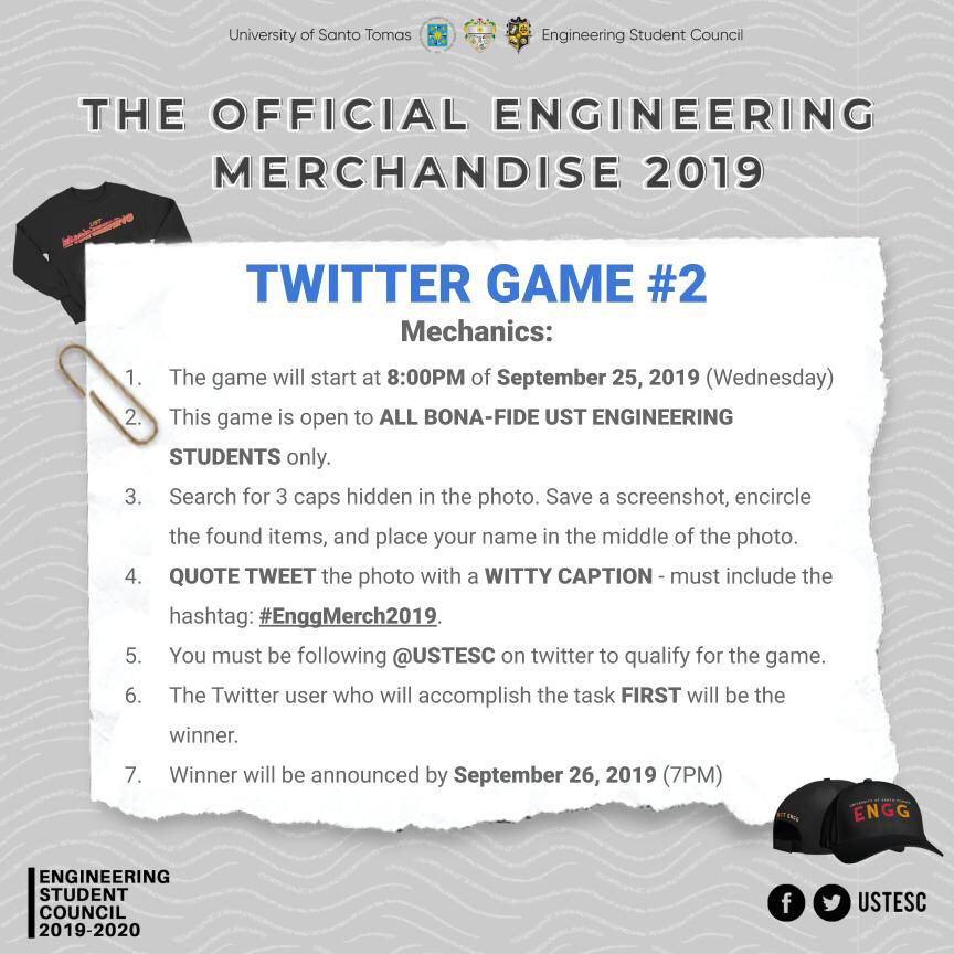 USTESC's tweet photo. SPOT THAT CAP!
Here are the mechanics for tonight’s twitter game! Brace your eyes for this one folks!
#RideTheEngineeringWave
#EnggMerch2019 https://t.co/pFrYMa7IXN