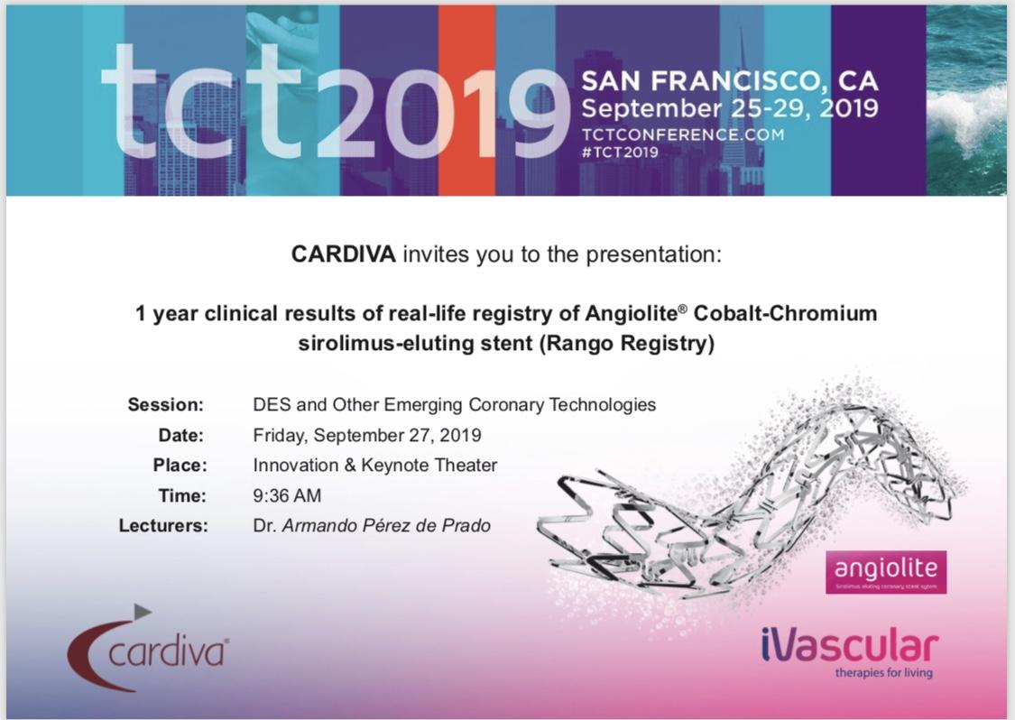 CARDIVAGROUP's tweet photo. Durante los días 25 - 29 de Septiembre se celebra en San Francisco el congreso 'Transcatheter Cardiovascular Therapeutics 2019' #tct2019

Desde #Cardiva tenemos el placer de invitaros a la presentación de los resultados clínicos a un año del registro de #angiolite 

#Cardiologia https://t.co/kfxo5rhCyg