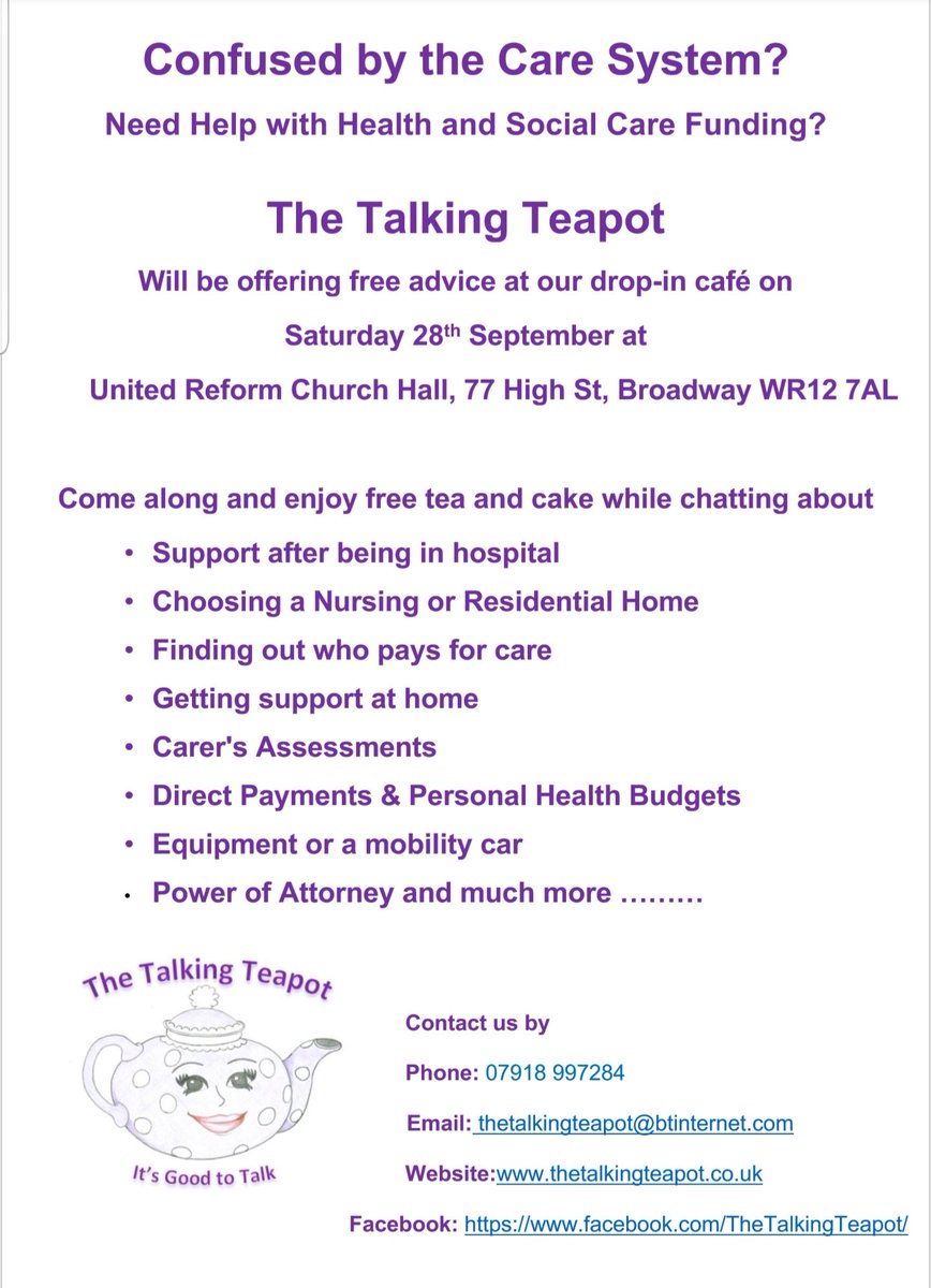 talking_teapot's tweet photo. The Talking Teapot is here to help you find your way through the care system.

Join us for our 1st drop-in cafe this Saturday!
At the United Reform Church Hall, High Street Broadway. 
Drop in from 11am to 1pm.

#thetalkingteapot #Broadway #CHC #careprofessionals https://t.co/7o0MfdCA5v
