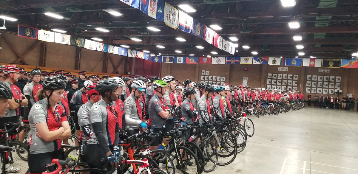 CanadianR2R's tweet photo. We are almost ready to roll as we kick off the 2019 #RidetoRemember at the @opcva to honour our fallen heroes. It's amazing to see a record number of cyclists this year who will make the 700-kilometre journey to the @CPPOM. Together we will remember their sacrifice. #HeroesinLife https://t.co/5CLJK5CUGG