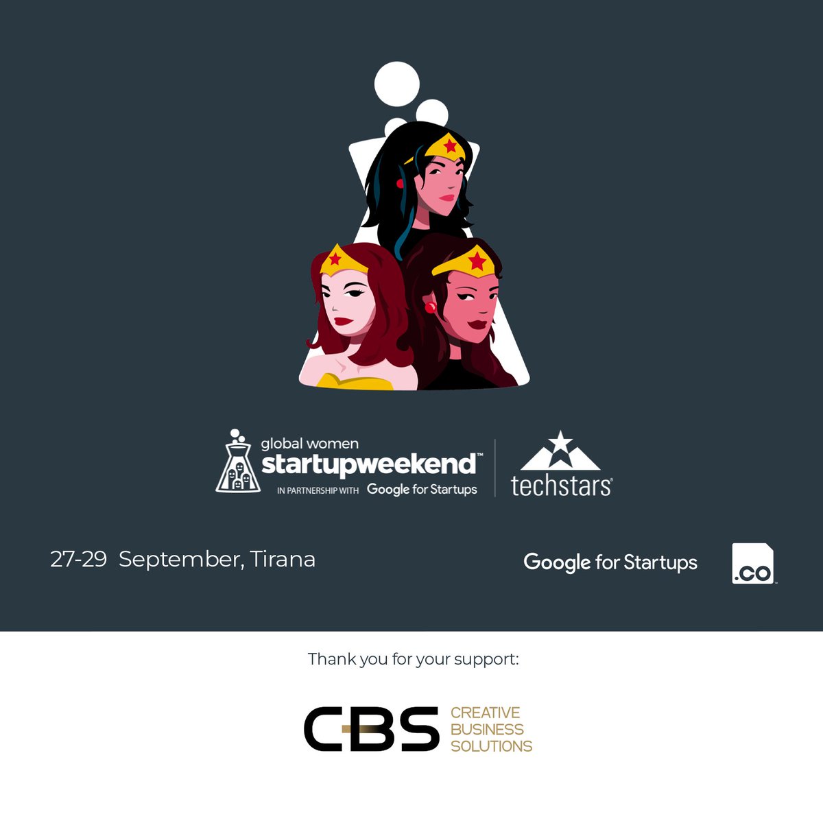 Kemi kënaqësinë t'ju prezantojmë me partnerin tonë Creative Business Solution Albania në këtë edicionin të parë të Techstars Startup Weekend Women Tirana! Falenderim për mbështetjen dhe bashkëpunimin!