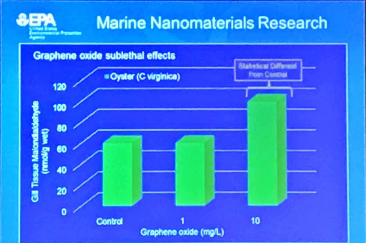 US EPA reporting on toxicity of Graphene oxide on the marine lifeforms. The results look like there is no detected toxicity but for Oysters some effect is observed.  #gsrs19