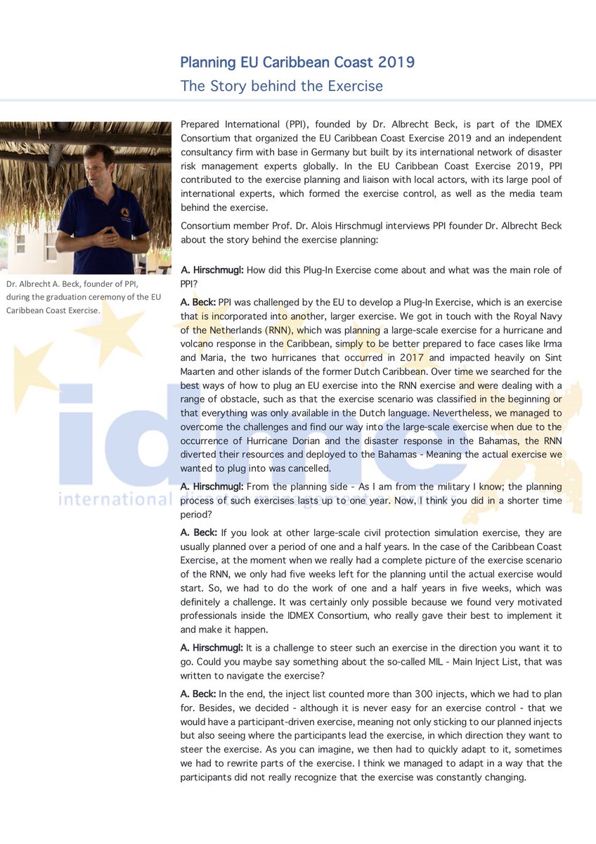 idmex_eu's tweet photo. The Story behind the Exercise - Read along as #IDMEX member Prof. Dr. Hirschmugl interviews Dr. Beck, founder of consultancy firm Prepared International #PPI, about how the idea of an #EU Plug-In Exercise ended up as Caribbean Coast Exercise 2019 #CC2019 https://t.co/CKLiG8RKMr