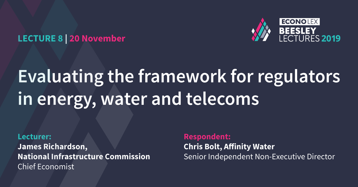 Econolex_'s tweet photo. Calling all water, energy and telecoms regulators.

James Richardson of @NatInfraCom and Chris Bolt of @AffinityWater will be providing an update on how regulators need to adapt to meet future challenges at the eighth #BeesleyLecture.

Find out more > https://t.co/lHqauG33NT https://t.co/s8yVGl9wvL