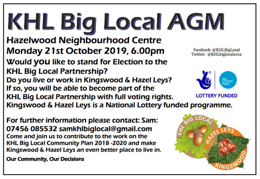 We will be holding our KHL Big Local AGM. Many of us began this journey in 2012 and here we are in late 2019 working on our 2018 - 2020 Community Plan. @TimMorton2 @kategroundwork @corbygirl4eva @HelWillmott  @LocalTrust @Jamteam1 @MadeInCorby @CorbyCSP