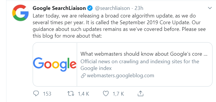 Nueva actualización amplia del algoritmo de #Google Empezó a implementarse ayer 24 septiembre y terminará en varios días #SEO #Algorithms