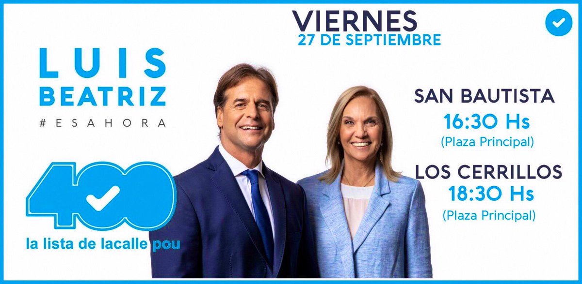 Somos400LP's tweet photo. La fórmula del @PNACIONAL  en el departamento de Canelones!!! 🗓 Viernes 27 ⏰16:30 hs 📍San Bautista  (Plaza Principal) ⏰18:30 hs📍Los Cerrillos (Plaza Principal)
No podes faltar #Somos400 @LuisLacallePou @beatrizargimon https://t.co/14ET3bNKAT