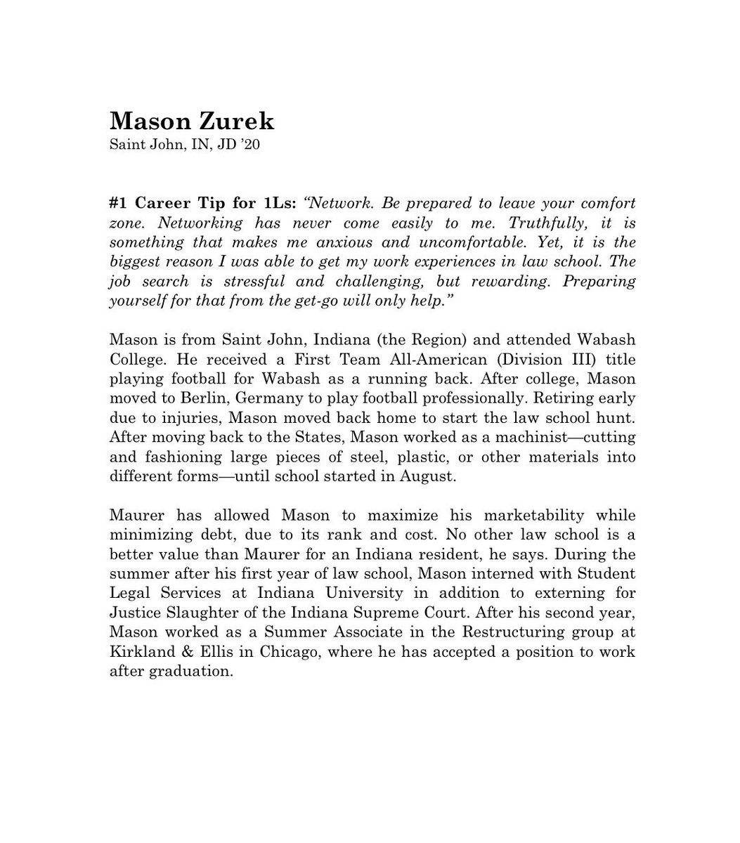AustenParrish's tweet photo. CSO Career Spotlight: meet 3L Mason Zurek. A graduate of @WabashCollege and a former All-American running back, Mason has volunteered with Student Legal Services, externed with Justice Slaughter on the Indiana Supreme Court, and will begin with @Kirkland_Ellis after graduation. https://t.co/ayF1zZ2iPW