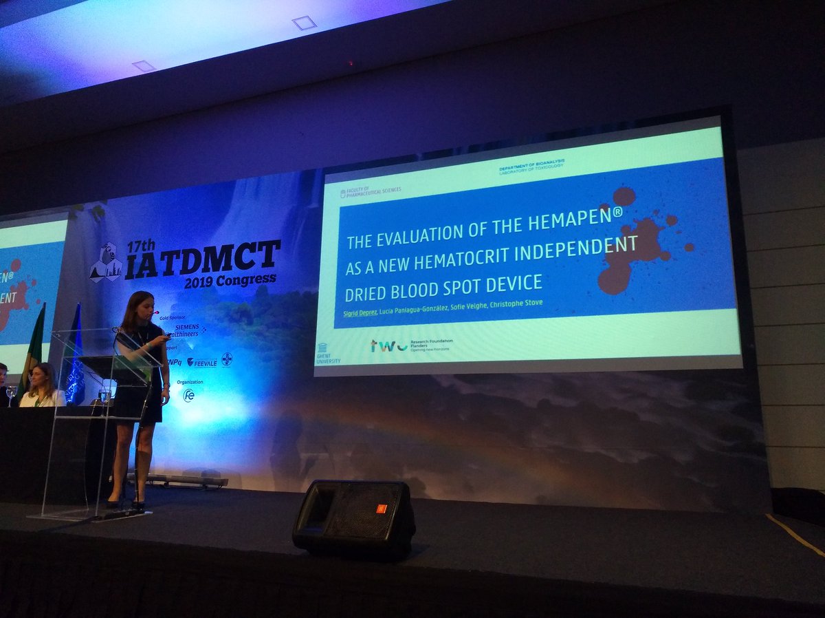 christophestove's tweet photo. And yet again a #ugent presenter on stage @ #IATDMCT2019:
Very first presentation by first-year PhD student Sigrid Deprez: "Evaluation of the HemaPEN as a new hematocrit-independent dried blood spot device." https://t.co/T1Q1uNG15L