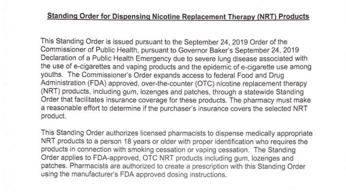Standing order for dispensing NRT products.