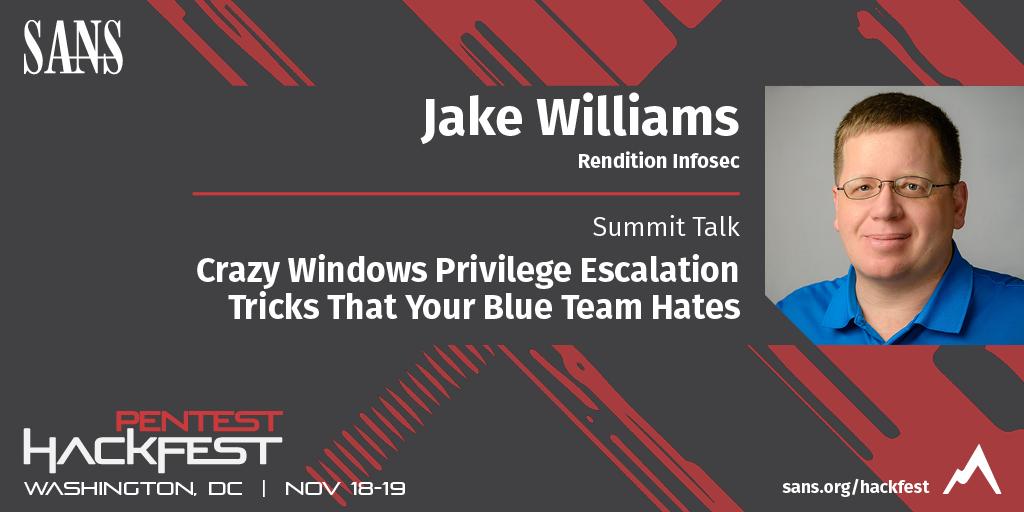 SANSOffensive's tweet photo. Crazy Windows Privilege Escalation Tricks That Your Blue Team Hates | @MalwareJake will demonstrate a number of tricks to elevate to local admin on Windows machines & focus on tricks that rely on misconfigs commonly found in enterprise #HackFestSummit https://t.co/2mgMJn4aXM https://t.co/j6S8q5scDL
