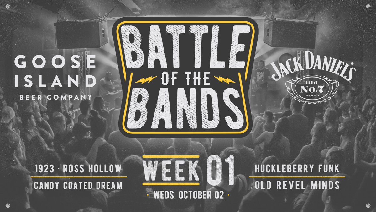 thehifiindy's tweet photo. NEXT WEDNESDAY ⚡️ @GooseIsland &amp; @JackDaniels_US Present: #BattleOfTheBands Round 1 – Week 1 feat. performances by #1923, #CandyCoatedDream, #OldRevelMinds, @huckleberryfunk and #RossHollow on Wed, Oct. 2nd! Get your tickets!

Tix: https://t.co/Z6XCZEv3Xp https://t.co/mBOMoQ6Y4V