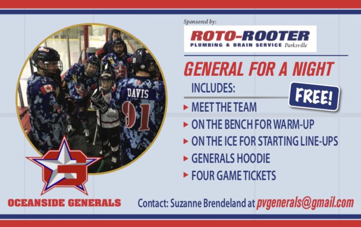 Oceanside Generals (@generalsjra) on Twitter photo The 7th Skater is back for another season ! Big thanks to <a href="/RotoRooter/">Roto-Rooter</a> in Parksville for sponsoring the program.
If your interested please contact Suzanne at pvgenerals@gmail.com. The 7th Skater is back for another season ! Big thanks to <a href="/RotoRooter/">Roto-Rooter</a> in Parksville for sponsoring the program.
If your interested please contact Suzanne at pvgenerals@gmail.com.