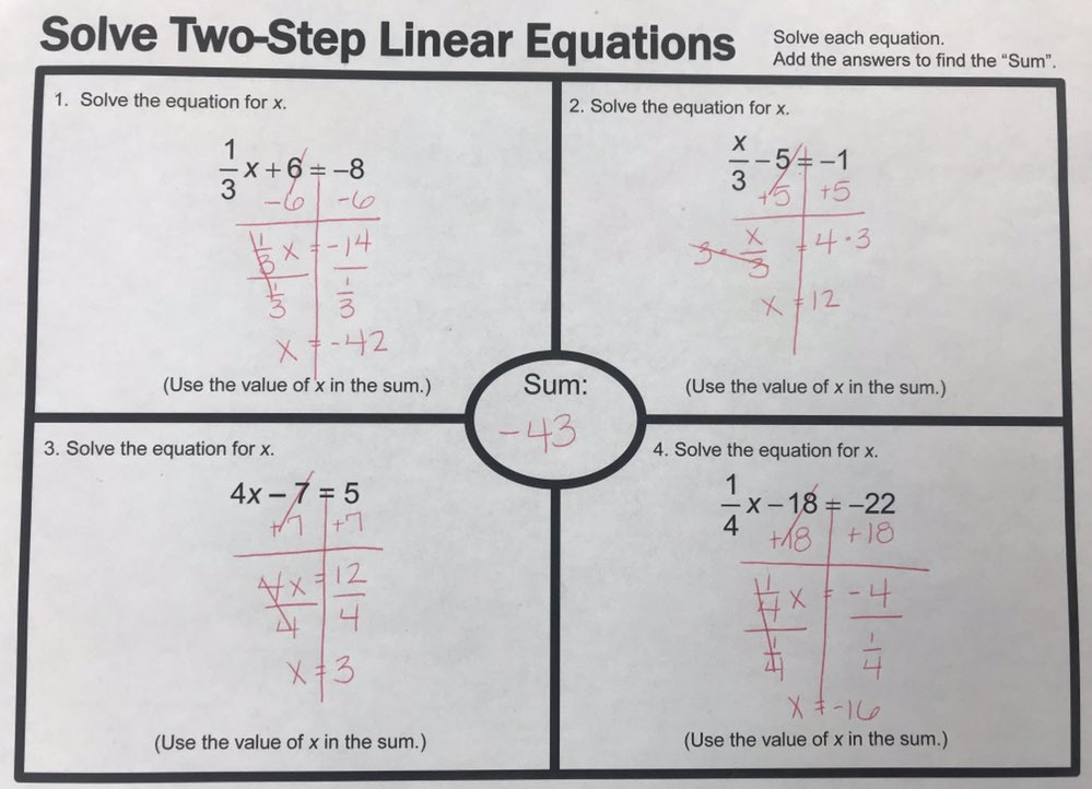 BTMath's tweet photo. Kids loved playing Sum It Up today! Had to get all 4 answers and then add them together to get the final answer! #math #algebra1 #sumitup #mathisfun @BTEvertech https://t.co/X96k9NLTpU