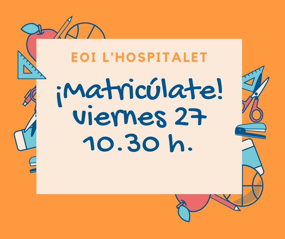 Si no te preinscribiste, eres no admitido o se te pasó la fecha de tu matrícula... ¡no te preocupes!. El viernes 27 de septiembre a partir de las 10.30 aun puedes matricularte en la EOI de l'Hospitalet.  Toda la info xtec.cat/eoi-hospit…/…/nous%20norm%20nopreins.pdf