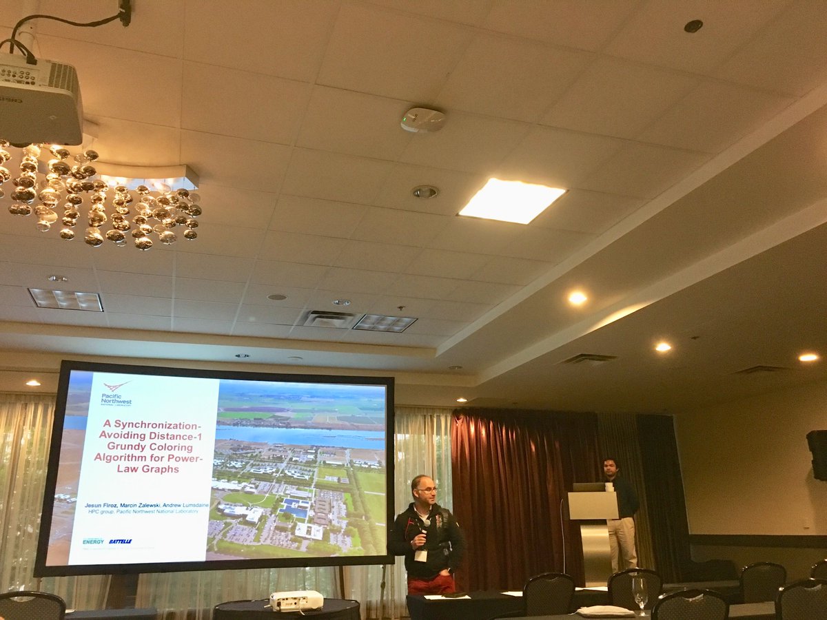 fruitfly1026's tweet photo. "Parallel Algorithms and Applications" session, chaired by Dr. Antonino Tumeo @ascgroup , @PNNLab , is happening! The 2nd talk "A Synchronization-Avoiding Distance-1 Grundy Coloring Algorithm for Power-Law Graphs" by Jesun Firoz, also from  @PNNLab. :-D #pact19 #pact2019 #pnnl https://t.co/FVK8zGCQyp