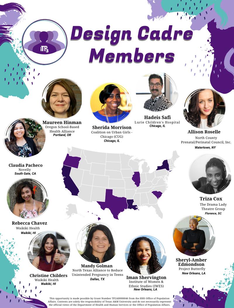 iTP3 is happy to announce our new members of iTP3 Design Cadre! Members will be trained in HCD to facilitate a design sprint with stakeholders from their organization/community to develop an innovative teen pregnancy prevention program. Stay tuned for updates!

#iTP3DesignCadre