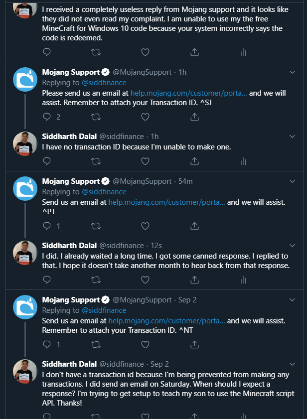 Mojang Support on "@siddfinance We try to as soon as possible. For more info, please see https://t.co/cx0F9Bv3DC. Thanks for your patience. ^RS" / Twitter