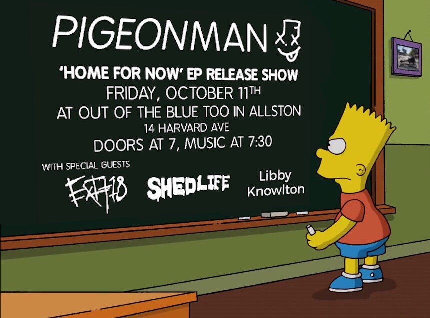 We’re pumped to announce that we’ll be celebrating Home for Now’s release by performing it in its entirety at Out of the Blue Too in Allston, MA on Friday, October 11th alongside <a href="/Exit18Official/">Exit 18</a>, <a href="/ShedLife_CT/">Shed Life</a>, and Libby Knowlton! Tickets will be available at the door for $10.