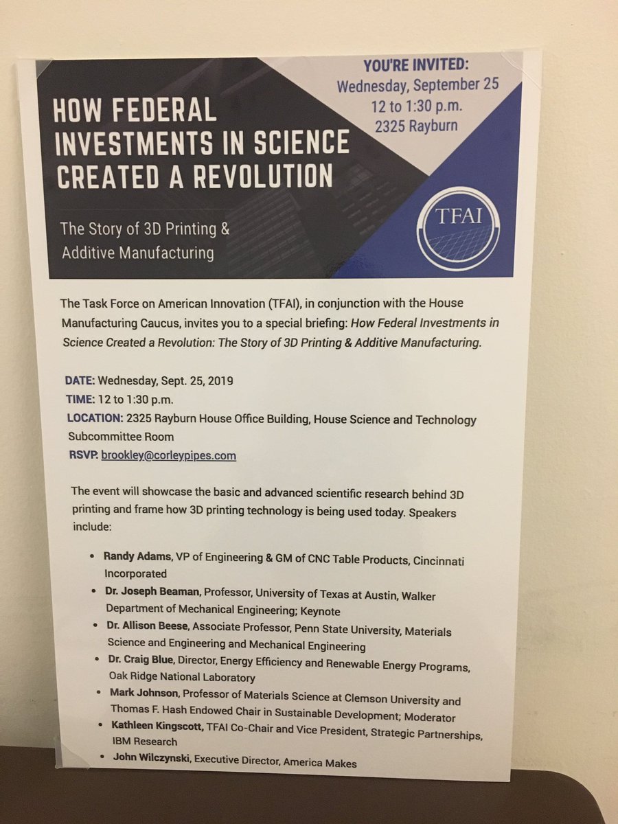 APLU_GovAffairs's tweet photo. Thanks to #FederalResearch, the U.S. is a leader in #3Dprinting. To remain leaders in innovation, we must #FundScienceResearch. Thx @InnovTaskForce for hosting a great event! https://t.co/Wj84cjMTF7