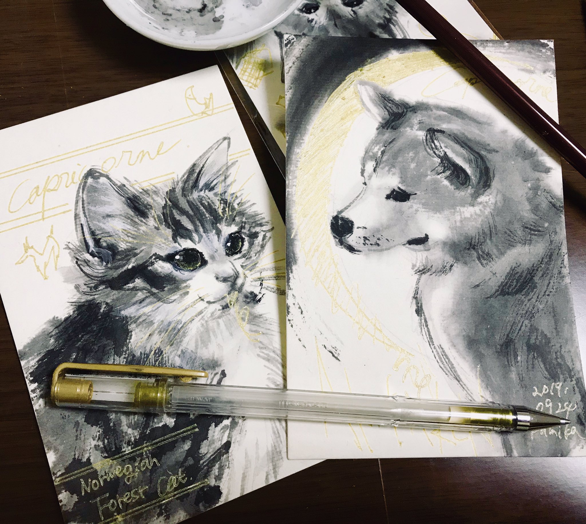 芙弥佳fumika 水墨画あめつち すいません 昨日の描き直ししてしまった タイハリ企画 30daysdrawing Taihari 9 24 やぎ座 山羊座 Capricorne 秋田犬 ノルウェージャン 犬 Dog Cat ねこ マイ星座です 水墨画 墨絵 と金ペン