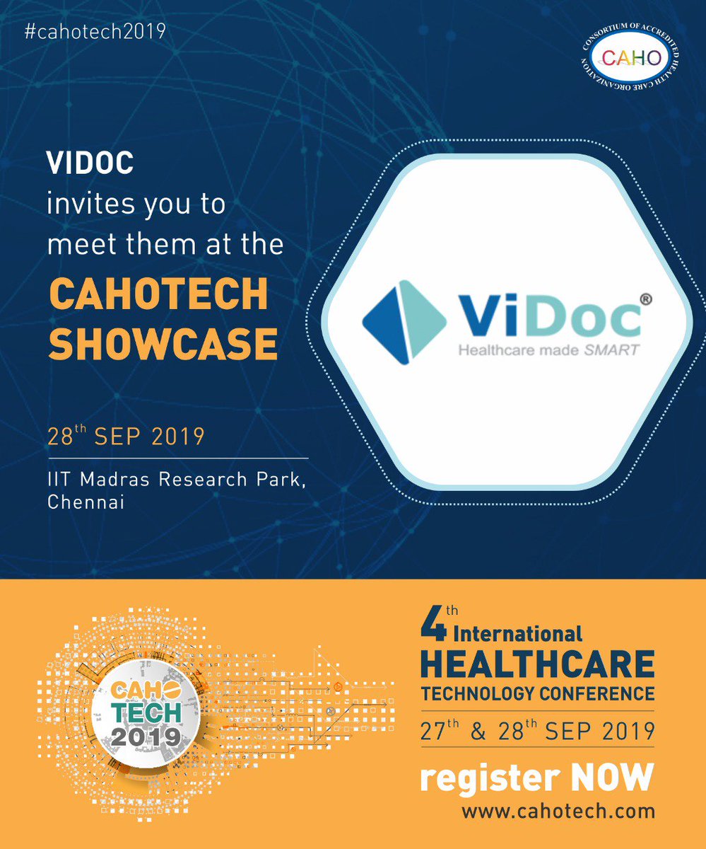 vidoctech's tweet photo. Meet us at #cahotech2019 on 27th -28th sept 2019 at IIT Madras Research Park...
#vidocatcahotech2019 #conference #events #chennai #iitmadras https://t.co/4mqFOVu4Nf