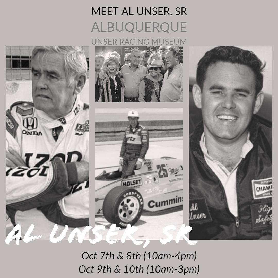 Do you have a desire to meet #racinglegend #AlUnserSr?  You will have 4 chances during the #BalloonFiesta. After the balloons come down stop by the museum to talk with Al.
#albuquerque #unserracingmuseum #abq #abqlocal   #newmexicotrue #visitalbuquerque #balloonfiesta2019