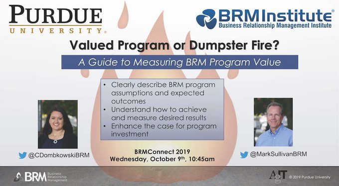 MarkSullivanBRM's tweet photo. @BRMConnect 2019 is less than 2 weeks away!!  😮
Join @CDombkowskiBRM and I to see what our Purdue team has developed for measuring BRM program results and outcomes.  We'll be presenting Wednesday morning at 10:45 in Grand Ballroom E!
#BRM  #BRMInstitute https://t.co/PjQ6Hs6E2r