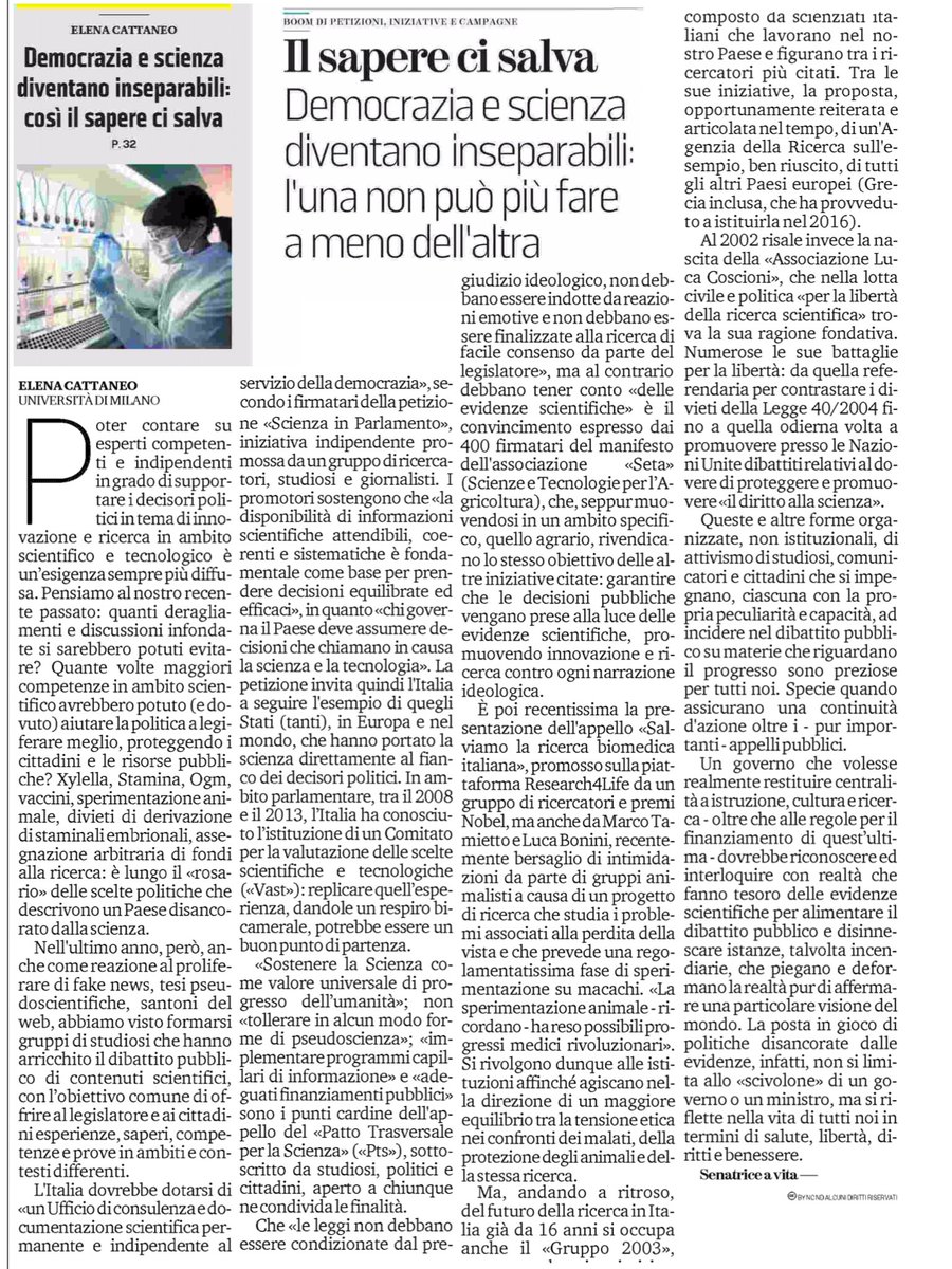 research4lifeIT's tweet photo. Un bel articolo della senatrice Elena #Cattaneo su @LaStampa Tuttoscienze. #Democrazia e #scienza IL SAPERE CI SALVA, in cui chiede che sia istituito l’ufficio di documentazione scientifica per il #Parlamento e cita il successo della petizione #salviamolaricerca @research4lifeIT https://t.co/37qAup5dEm