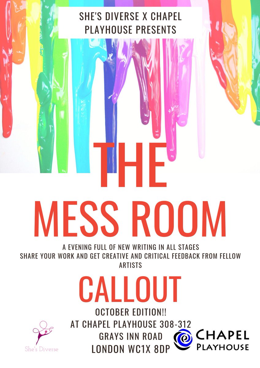 Call Out to #Playwrights of African/Caribbean/AfroLatinx or black other background's
15 minute pieces! For Octobers Edition of #TheMessRoom Deadline October 7th 
send to shesdiverse@gmail.com