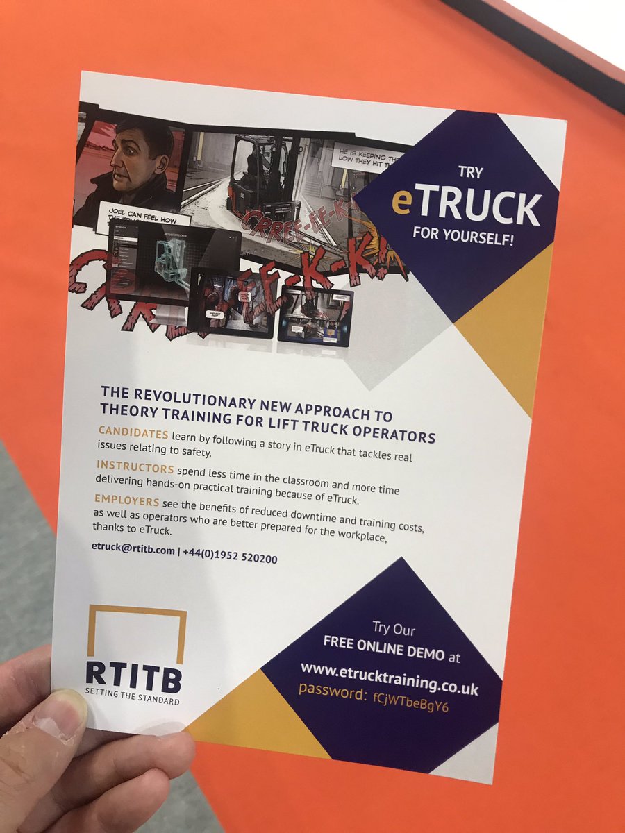 .<a href="/RTITB/">RTITB</a> has launched a digital training course to help students on their journey to obtain a licence to become forklift operators. eTruck is a chapter by chapter storytelling course giving students real use case scenarios in which they answer Q’s within each section #IMHX2019