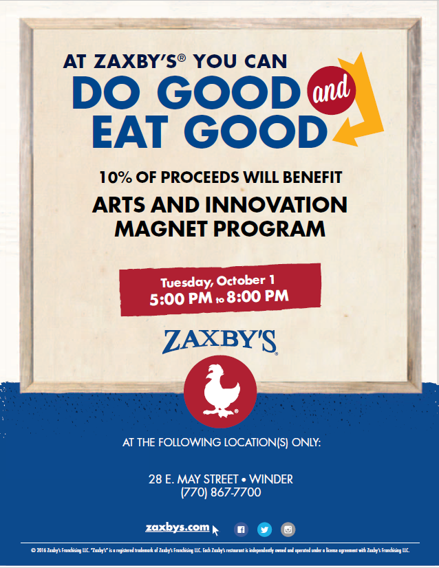 AIMCFIT1's tweet photo. Please consider dinner at Zaxby's in Winder on Tuesday, October 1st! Our AIM Program will receive 10% of proceeds! Thank you! #share #aimhigh #zaxbys #dogoodeatgood https://t.co/udvquh08ES