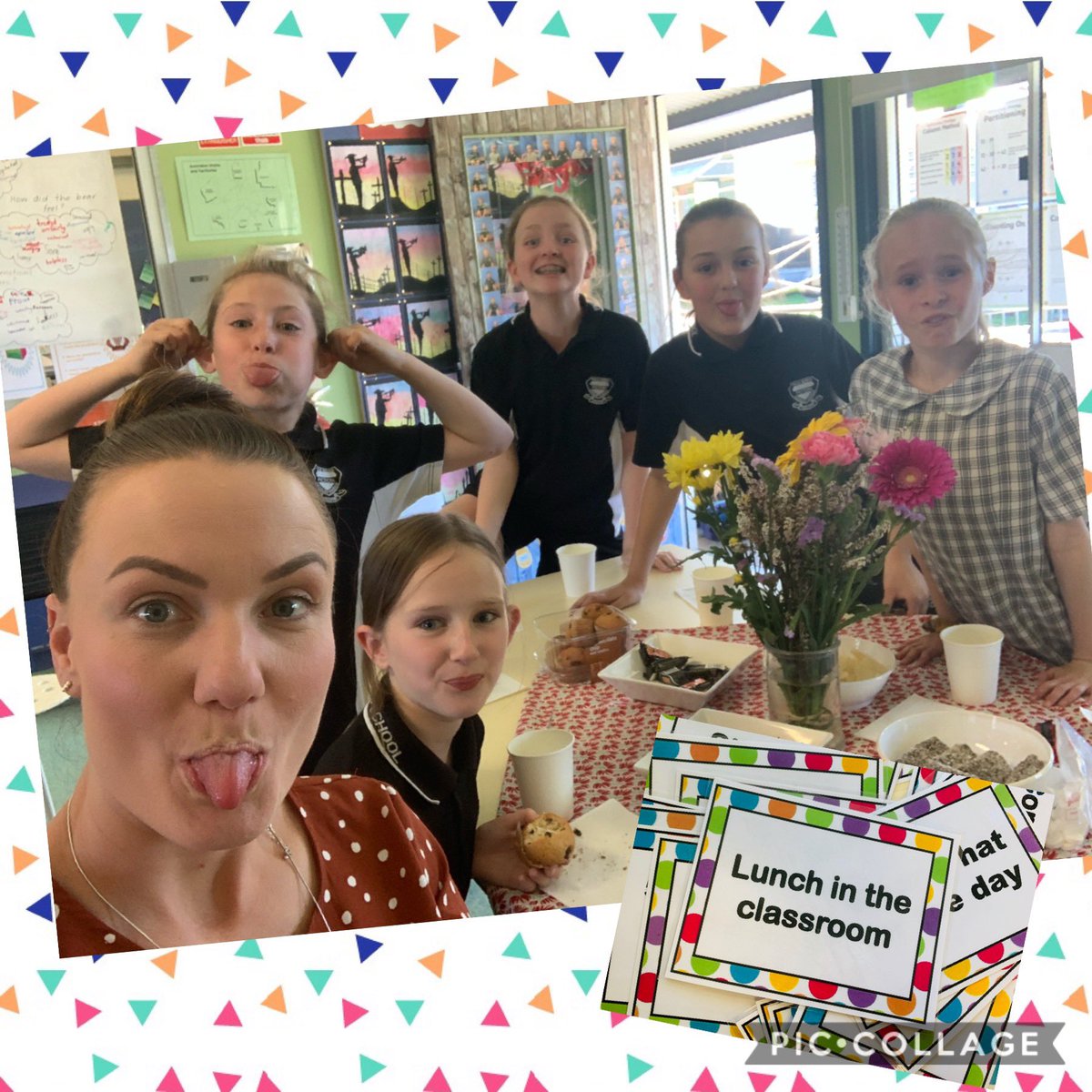 The best kinds of positive behaviour rewards are those that can be shared. Students enjoying using their ‘lunch in the classroom’ voucher 🍪🥪💐 @PictonPS #pictonpride