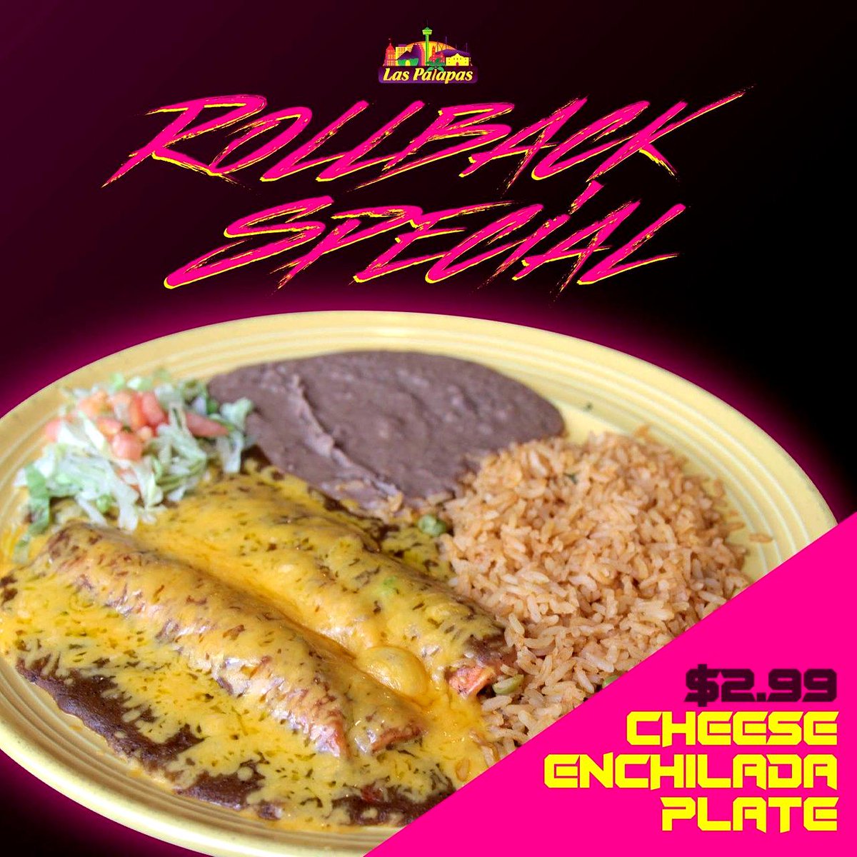 LasPalapasTPC's tweet photo. Cheesy enchiladas are definitely on today's ROLLBACK special! 

#laspalapastpc #enchiladas #texmexfood #mexicanfood #specials #sanantonioeats https://t.co/kssTFxF93j