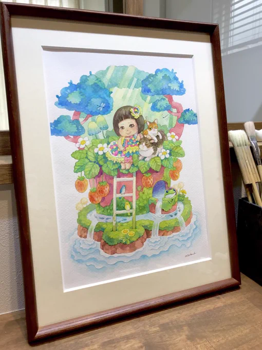 【お仕事紹介】 ご自宅に飾られる絵のご依頼です。 1歳の可愛らしい女の子を描かせて頂きました。思い出の衣装を着て、まるで妖精さんのような一枚に。 一緒に暮らす猫ちゃんも一緒です。