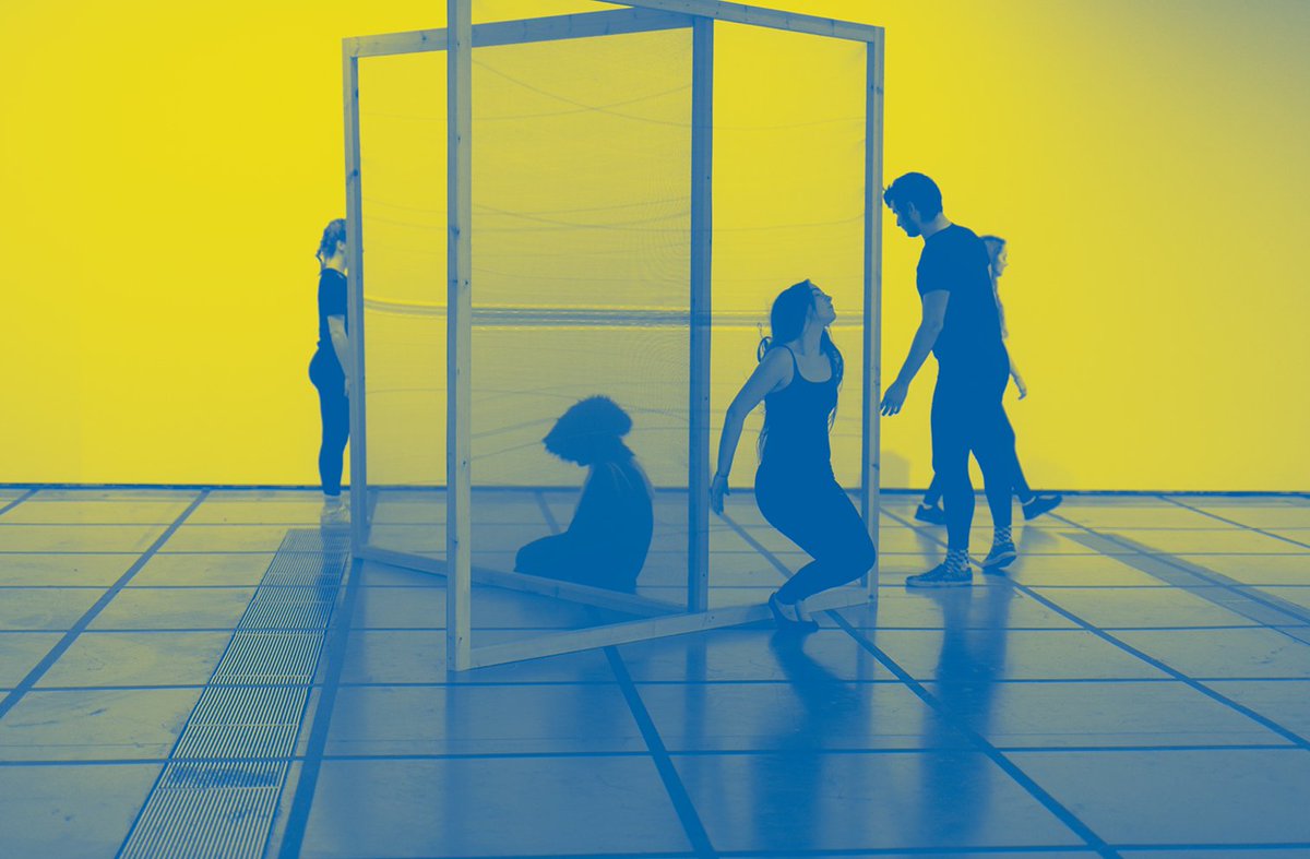 wooden frame structure with silhouettes moving around it, yellow and grey highlight and shadow graphic