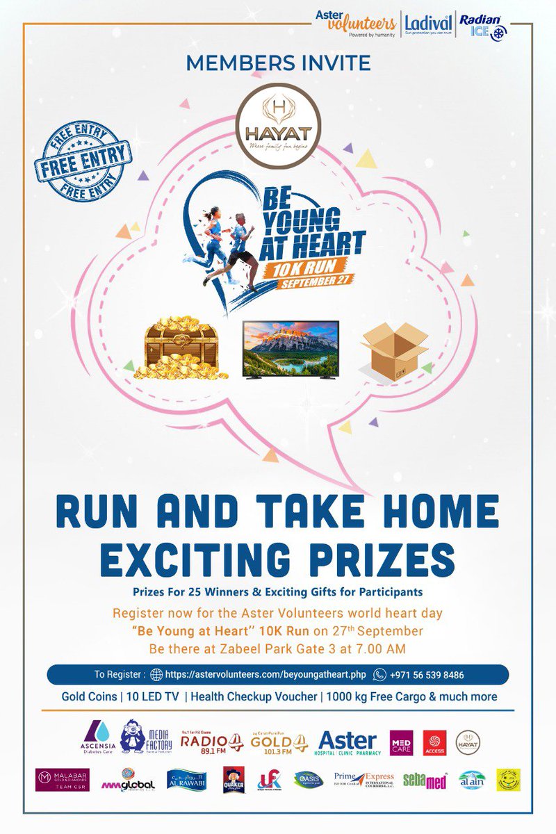 Run &amp; Take Home Exciting Prizes - Hayat Vacations Members show your heart some love and run the marathon 
Register on : astervolunteers.com/beyoungatheart… 
What’sApp :0565398486

#Hayatvacations #10krun #Beyoungatheart #september27 #ExcitingPrizes #WorldHeartDay #marathon #astervolunteers