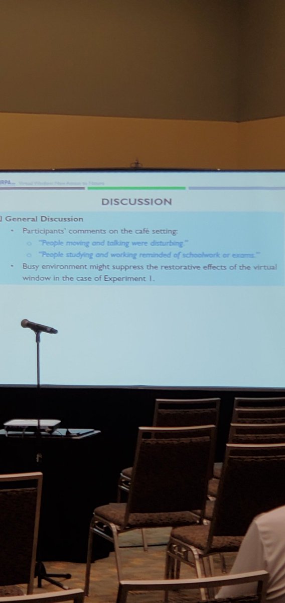 drhipp's tweet photo. Interesting #restorativeenvironment finding of #thirdplaces and #virtualwindows
Adults, not in university, found video of cafes with people studying decreased perceived restoration due to recall of stress associated with exams. @NRPA_news #NRPAConference
@iapsREN https://t.co/B6F9gYqyYL