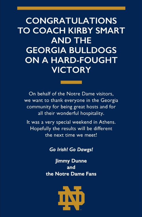 NotreDame's tweet photo. Notre Dame trustee Jimmy Dunne placed an ad in the Athens Banner-Herald celebrating a great weekend. Thanks for the hospitality @UniversityofGA! https://t.co/fPXdVIzyQq